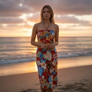 Vintage 90s Y2K Feline Floral Mini Dress Med Coastal Cowgirl Summer Resort